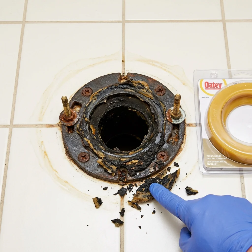 Failed wax ring showing water seepage at the base of a toilet in a Wheaton, MN home