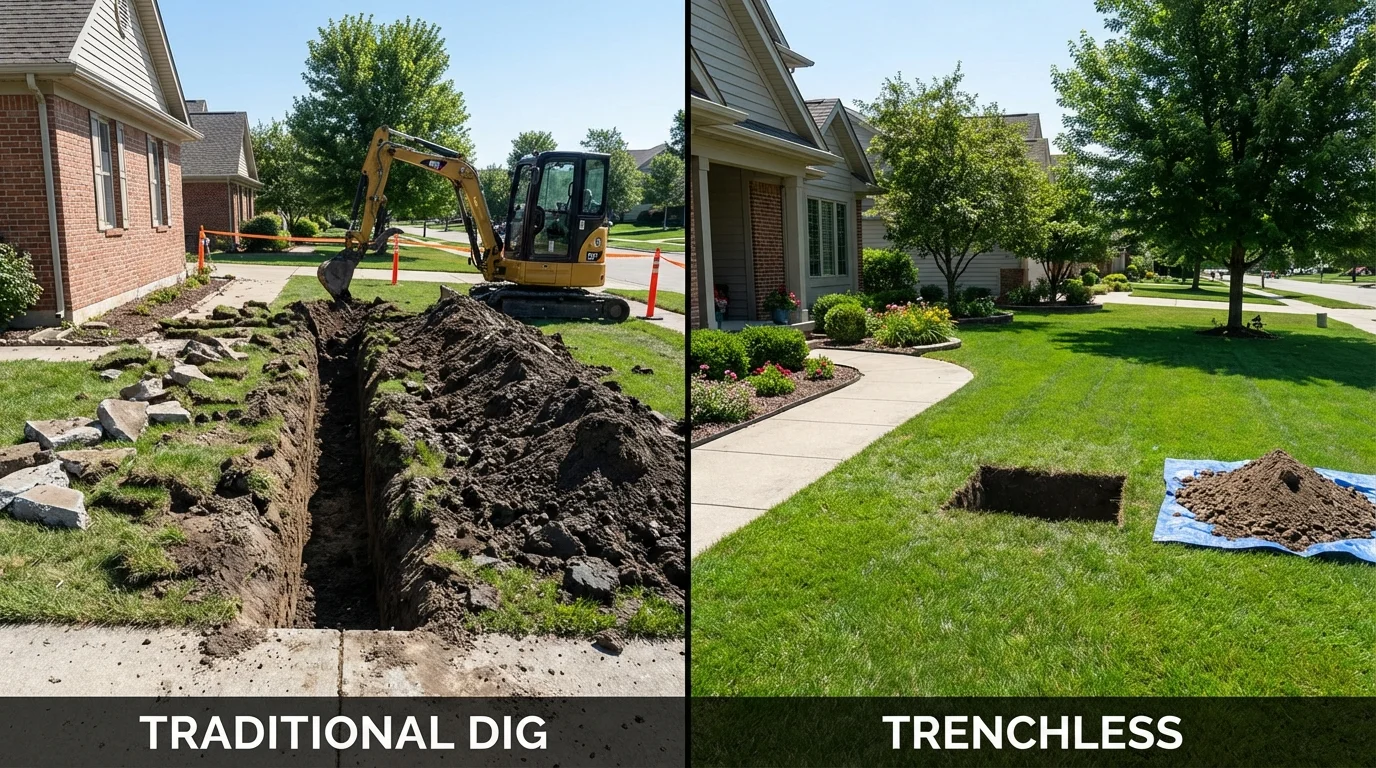 Trenchless sewer repair with minimal yard damage versus traditional excavation in Wheaton, MN