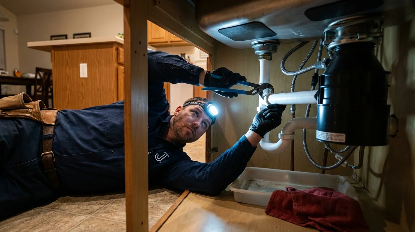 P-trap and supply line connections under a kitchen sink showing a common leak point in Wheaton, MN